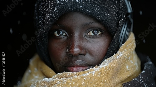 A woman with a black hat and scarf is standing in the snow. She has a serious expression on her face photo