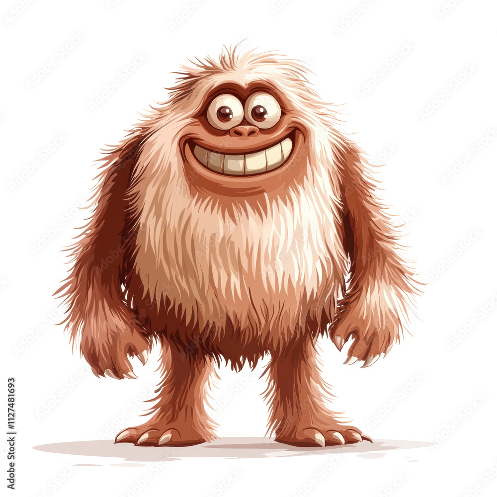 Obraz premium Cartoon smiling monster yeti or bigfoot hairy character isolated on white background