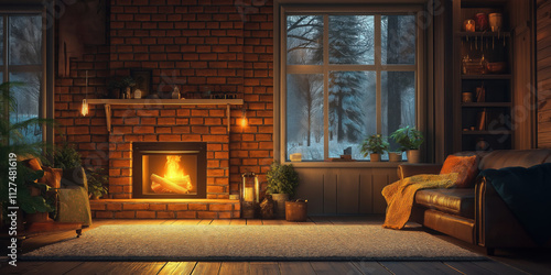 Cozy living room with burning fireplace and snowy winter view