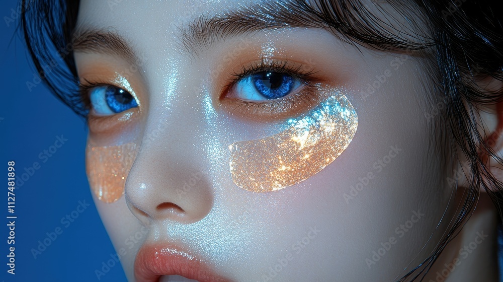 Fototapeta premium A woman with blue eyes and gold glitter on her face. The glitter is on her eyes and cheeks, giving her a glamorous and eye-catching look