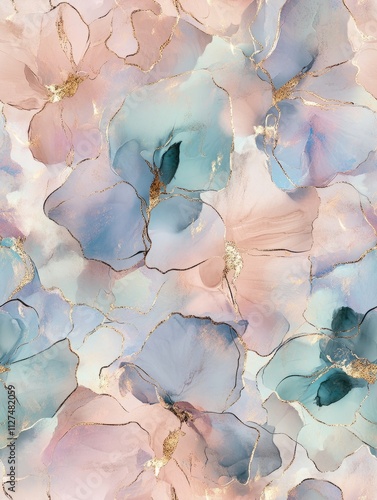 Fototapeta Naklejka Na Ścianę i Meble -  Colorful luxury watercolor seamless pattern with alcohol ink floral spring flowers and golden glitter texture.
