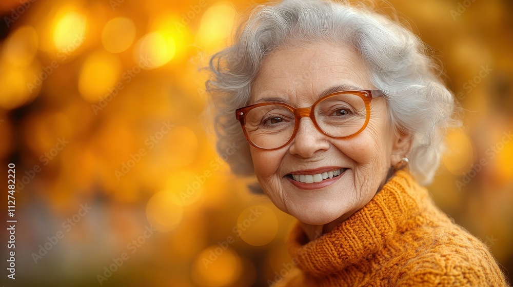 A woman with glasses and a yellow sweater is smiling. She looks happy and content. The image has a warm and friendly atmosphere A woman with glasses and a yellow sweater is smiling. She looks happy and content. The image has a warm and friendly atmosphere
