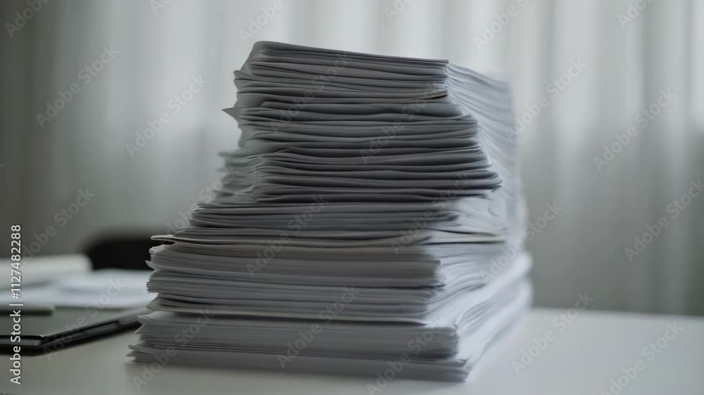 Towering stack of papers on office desk amidst workload growth