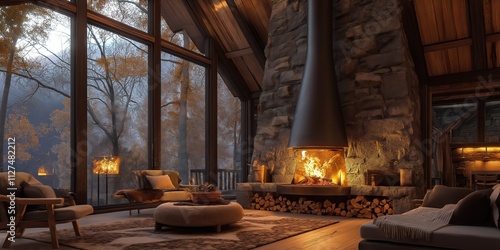 Cozy rustic cabin interior with burning fireplace and autumn view