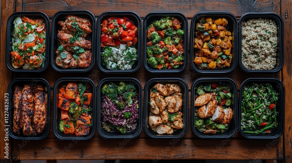 Colorful meal prep containers filled with healthy food on a wooden tabletop Colorful meal prep containers filled with healthy food on a wooden tabletop