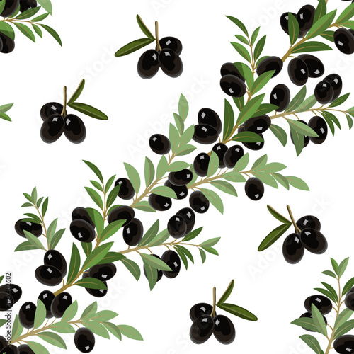 Olives on a white plate in a pattern.Black olives on a white background in a seamless vector pattern.