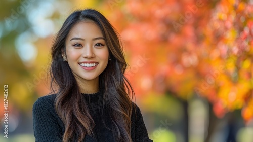 A woman with long hair is smiling in front of a tree with orange leaves. Concept of happiness and warmth, as the woman's smile and the autumn colors of the tree create a pleasant