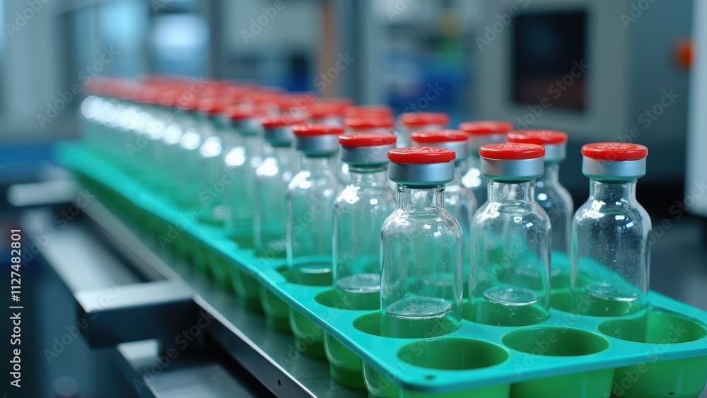 Laboratory Vials Lined up on a Rack in a Clean, Modern Facility for Pharmaceutical Production Laboratory Vials Lined up on a Rack in a Clean, Modern Facility for Pharmaceutical Production