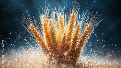 Golden wheat ears with sparkling grains on a dark background photo