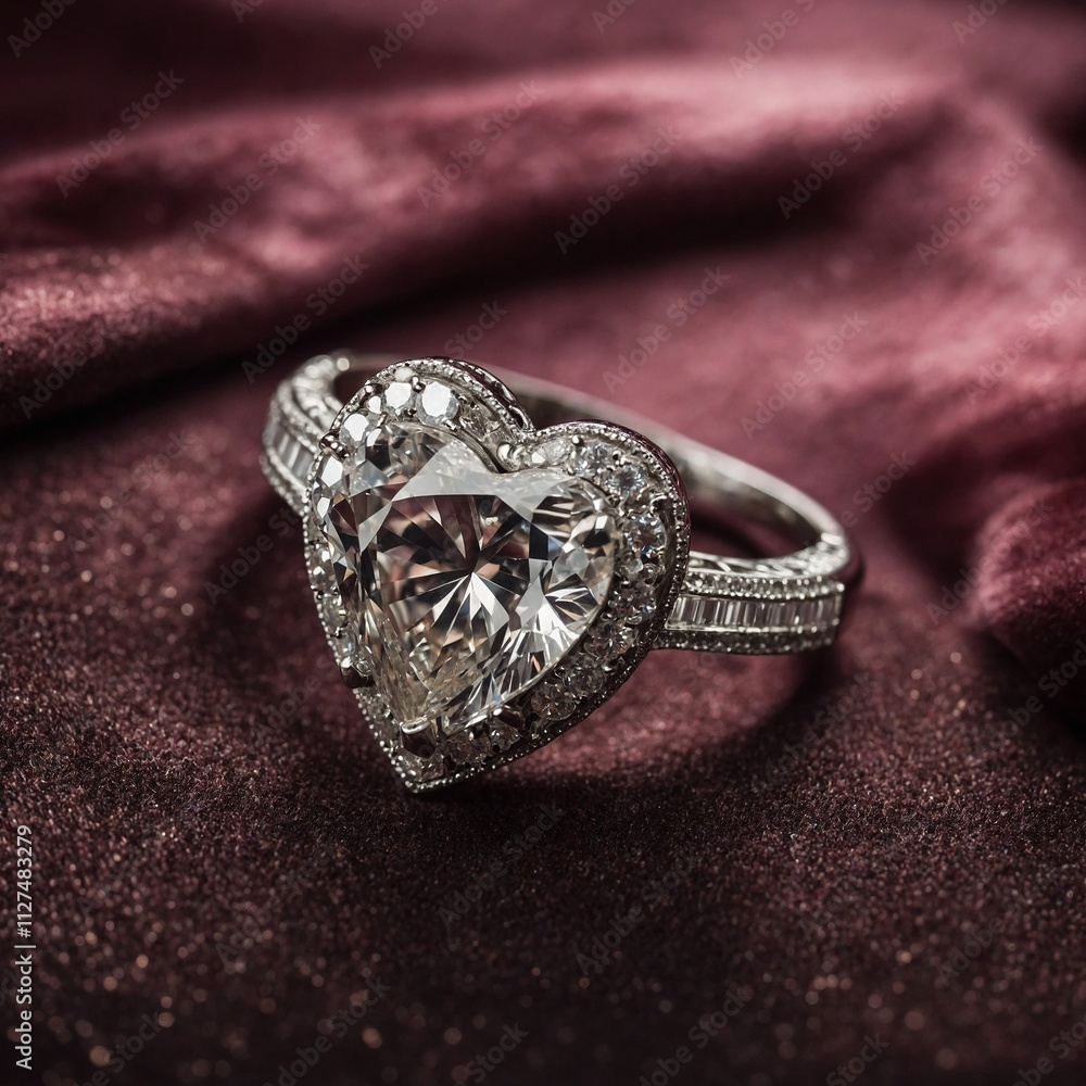 A sparkling diamond ring presented in a heart-shaped velvet box. A sparkling diamond ring presented in a heart-shaped velvet box.