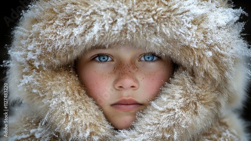 A young girl with blue eyes and rosy cheeks is wearing a fur hat and a fur coat. She is standing in the snow, looking directly at the camera. The fur hat and coat provide warmth photo