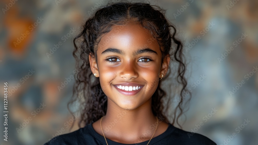 A young girl with dark hair and a gold necklace is smiling. She has a light skin tone and is wearing a black shirt A young girl with dark hair and a gold necklace is smiling. She has a light skin tone and is wearing a black shirt