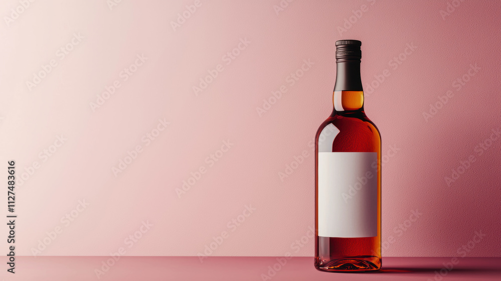 Amber-colored glass bottle with a blank label placed against a smooth gradient pink background Amber-colored glass bottle with a blank label placed against a smooth gradient pink background