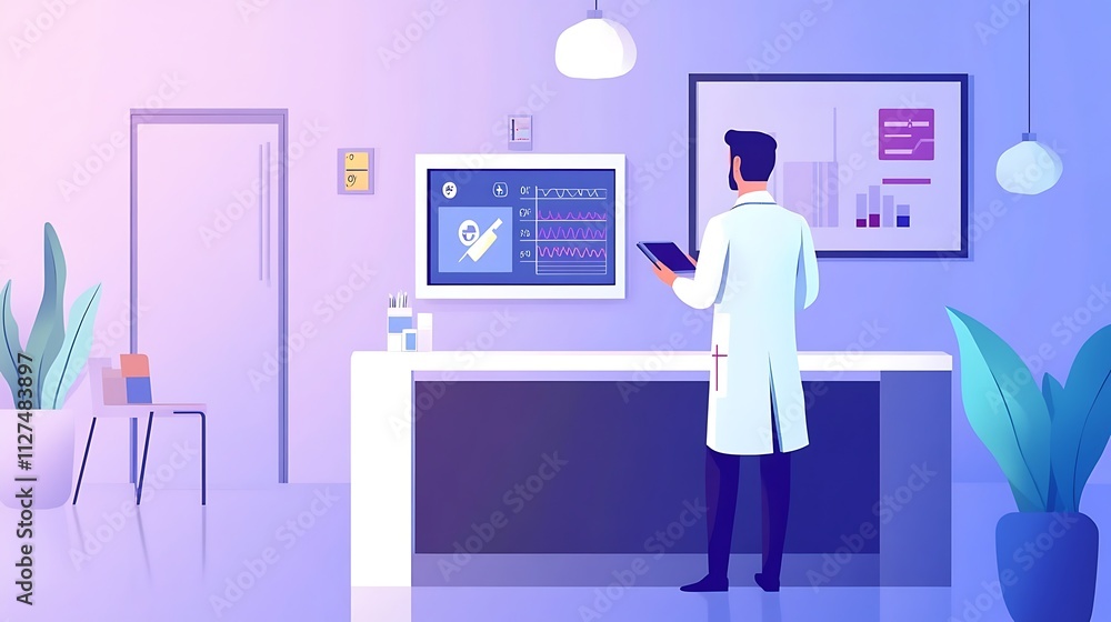 Doctor reviewing medical data on a tablet and screen in a modern clinic. Doctor reviewing medical data on a tablet and screen in a modern clinic.