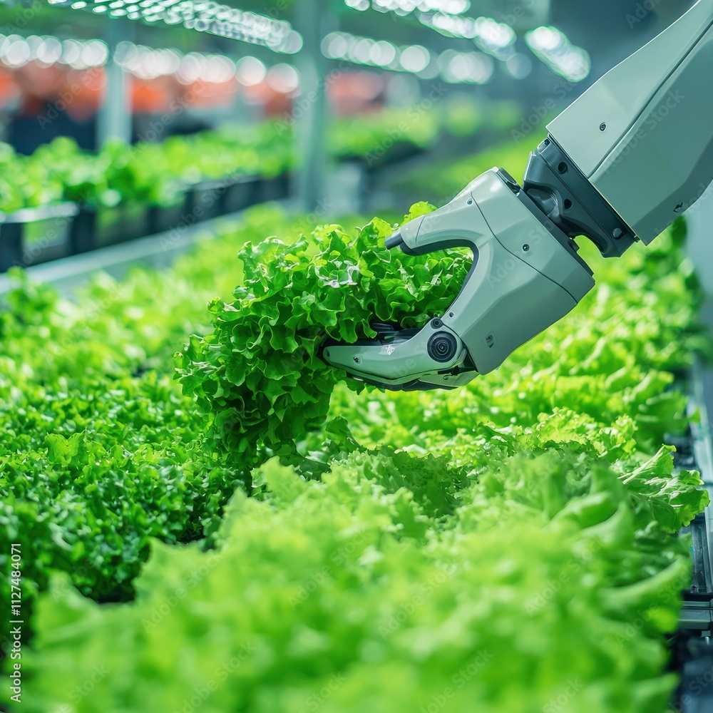 A close-up view of a robotic arm carefully harvesting lettuce in a vertical hydroponic farm, showcasing the efficiency of automated agricultural systems in sustainable farming practices. A close-up view of a robotic arm carefully harvesting lettuce in a vertical hydroponic farm, showcasing the efficiency of automated agricultural systems in sustainable farming practices.