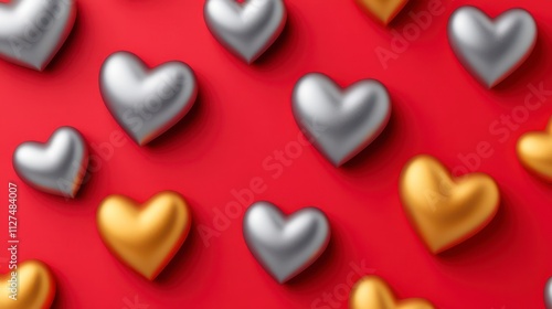 Colorful metallic hearts on a vibrant background