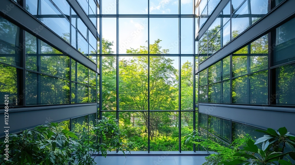 ESG glass interior building that looks out onto green space ESG glass interior building that looks out onto green space