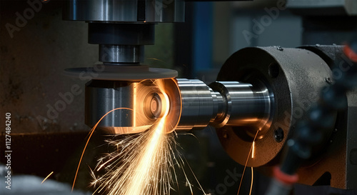 Internal grinding of a cylindrical part with an abrasive wheel on a machine, sparks fly in different directions. Metal machining. photo