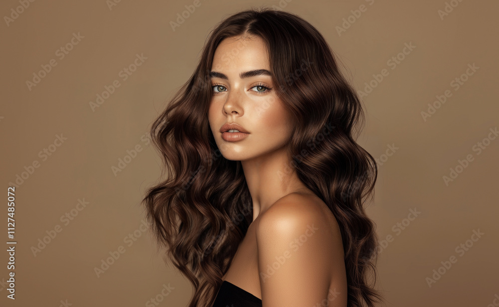Fototapeta premium Beautiful model girl with long wavy and shiny hair . Brunette dirl with curly hairstyle. Beauty smiling woman with curly hairstyle dye .Fashion, cosmetics and makeup . Cosmetology
