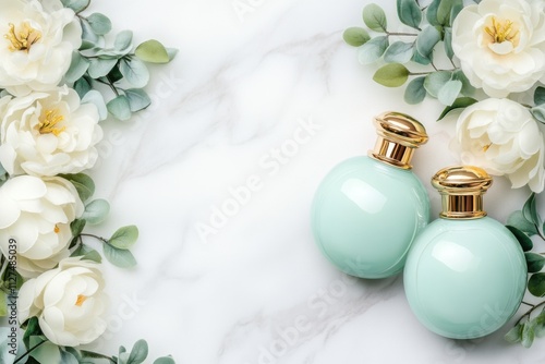 Luxurious light blue perfume bottles with elegant caps and floral accents displayed on a marble surface photo