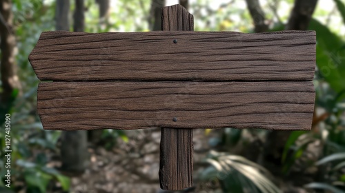 Empty wooden signpost in a lush forest photo