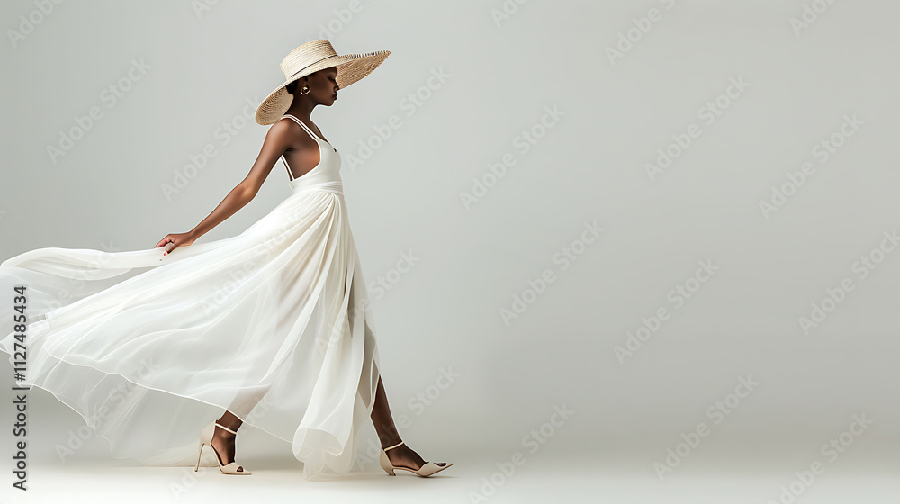 Elegant Woman in White Dress and Hat Elegant Woman in White Dress and Hat