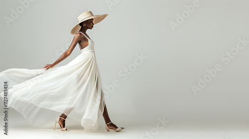 Elegant Woman in White Dress and Hat