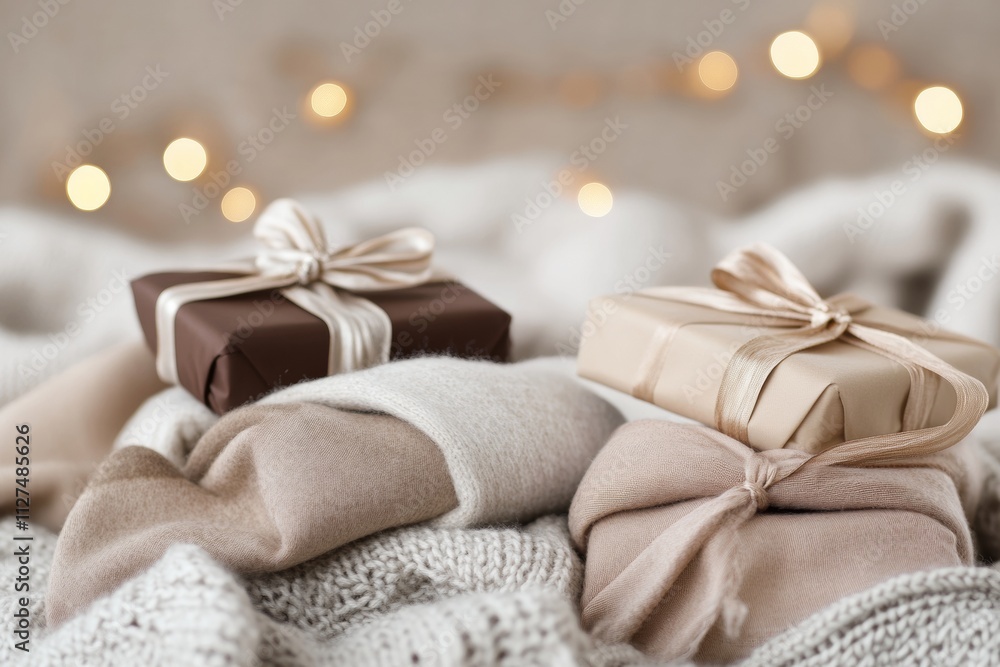 Cozy gifts wrapped in soft cashmere scarves create an inviting atmosphere, enhanced by warm tones and subtle textures, perfect for celebrating the New Year Cozy gifts wrapped in soft cashmere scarves create an inviting atmosphere, enhanced by warm tones and subtle textures, perfect for celebrating the New Year