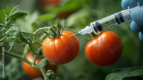 Tomato injecting with medical needle or syringe, genetic modification experiment, organic vegetable under scientific scrutiny, gmo food research concept, biotechnology in agriculture.