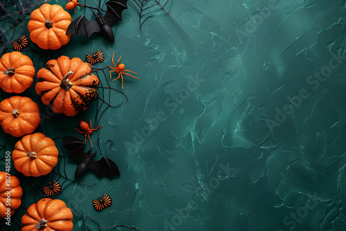 Halloween Pumpkins and Bats on Teal Background photo