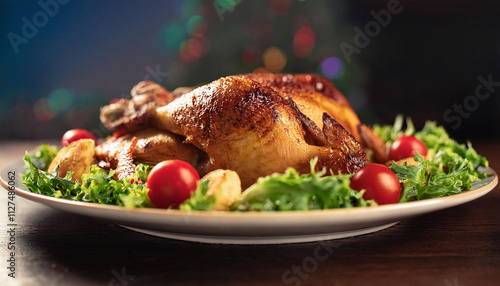 A golden-brown roasted chicken is beautifully presented on a white plate, garnished with fresh lettuce leaves and cherry tomatoes.