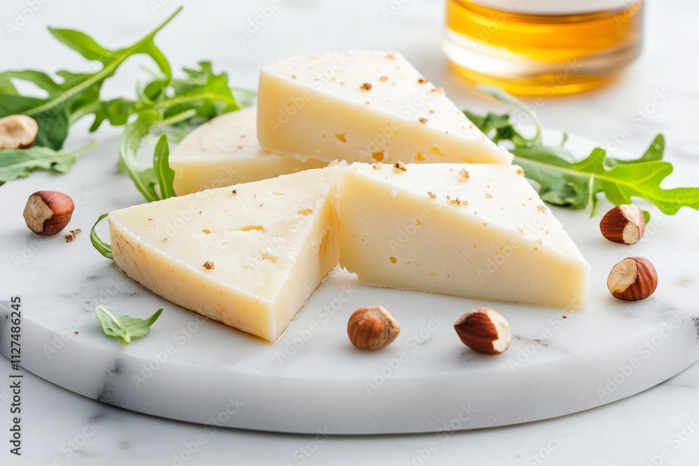 Slices of pecorino romano cheese with herbs and nuts on marble cutting board Slices of pecorino romano cheese with herbs and nuts on marble cutting board
