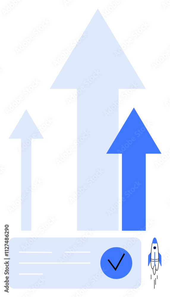 Rocket launching beside three upward arrows of different sizes, symbolizing growth and success. Ideal for business, startups, motivation, goal achievement, progress tracking, performance review Rocket launching beside three upward arrows of different sizes, symbolizing growth and success. Ideal for business, startups, motivation, goal achievement, progress tracking, performance review