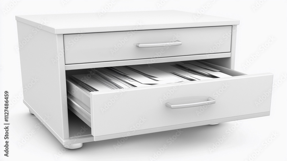 White wooden drawer unit with open drawer displaying organized documents White wooden drawer unit with open drawer displaying organized documents