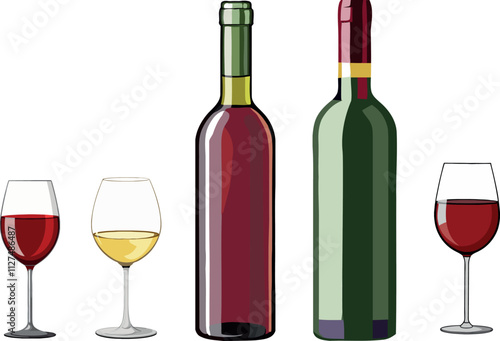 Wine bottles and glasses with red and white wine displaying variety