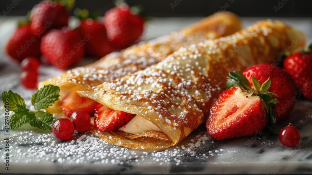 Wholesome crepes filled with creamy ricotta, topped with sliced strawberries on a refined marble surface Wholesome crepes filled with creamy ricotta, topped with sliced strawberries on a refined marble surface