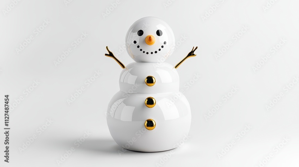 Fototapeta premium Charming white snowman decoration with golden accents