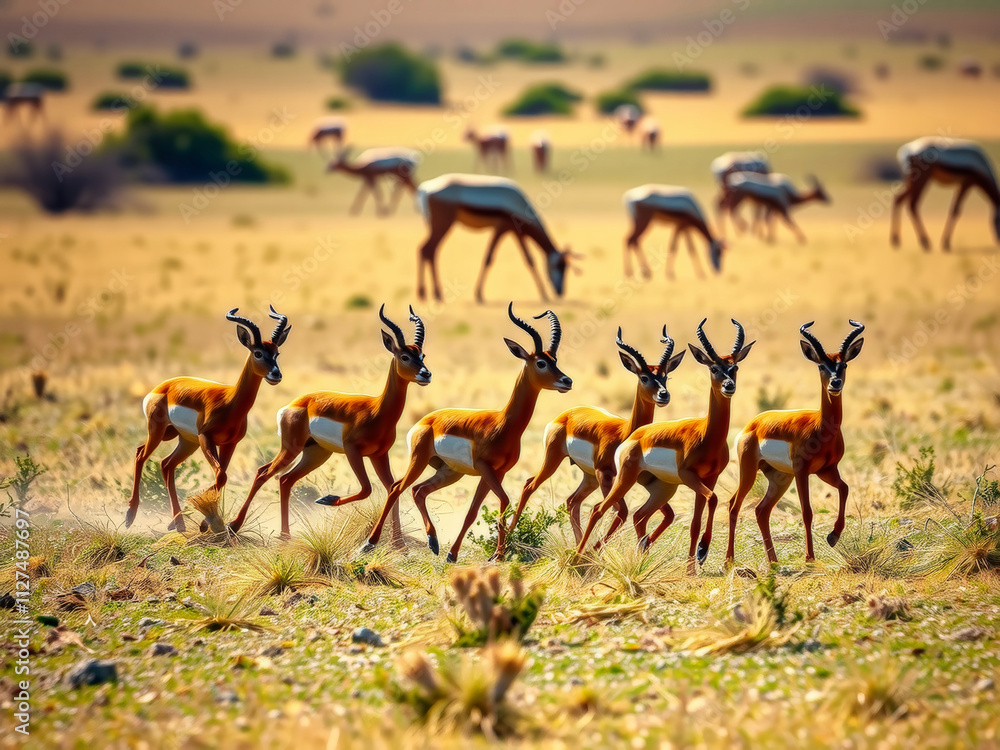 A herd of antelopes running across a field. The antelopes are in a line and are running in different directions A herd of antelopes running across a field. The antelopes are in a line and are running in different directions