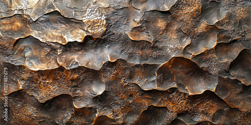 Hammered metal surface with uneven texture, handcrafted and artisanal look photo