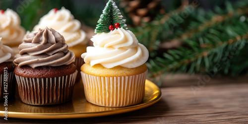 Decorative festive xmas cupcakes on platter, bakery table, Christmas tree decoration. Winter desserts concept