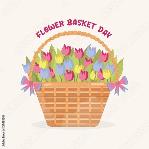 Colorful tulips in basket. Beautiful spring flowers bouquet. Vector cartoon flat illustration.Happy flowers basket day poster/banner.