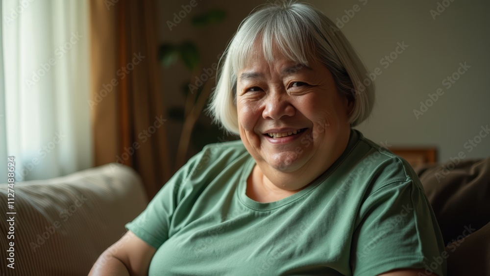 Smiling Woman With Silver Hair Relaxing on a Sofa in a Softly Lit Living Room Smiling Woman With Silver Hair Relaxing on a Sofa in a Softly Lit Living Room