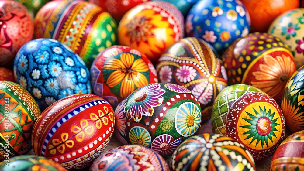 colored easter eggs in a basket close up view colored easter eggs in a basket close up view