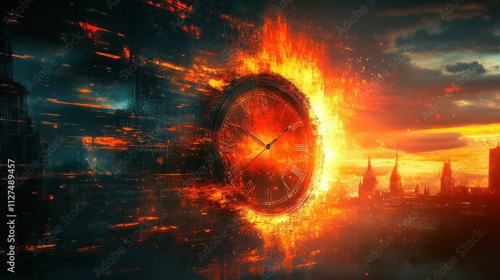Fototapeta premium A fiery clock emerges from a cityscape, engulfed in flames and digital distortion. The dramatic sunset casts an intense orange glow.
