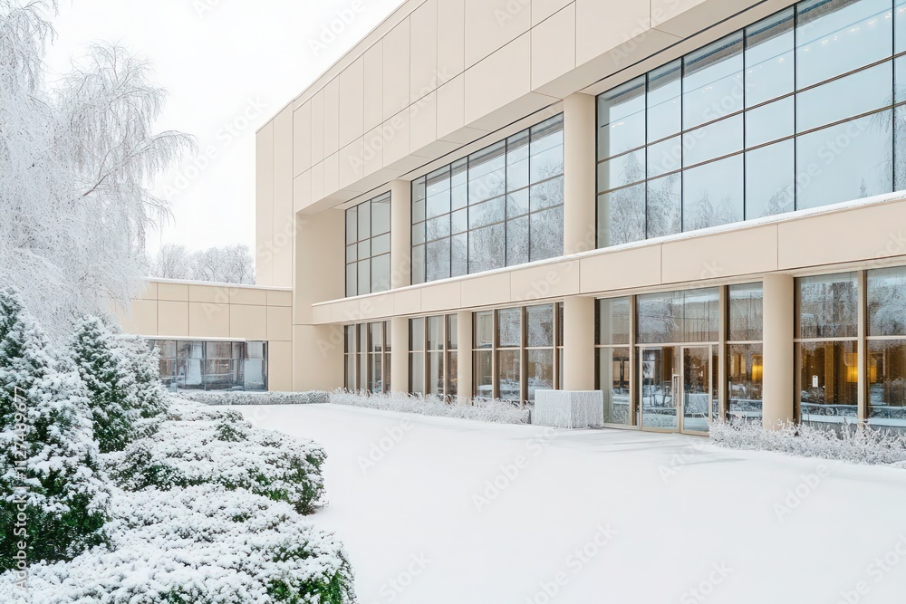 An expansive event hall with sleek, modern beige exteriors, towering glass windows, and a snow-dusted patio surrounded by frosted greenery An expansive event hall with sleek, modern beige exteriors, towering glass windows, and a snow-dusted patio surrounded by frosted greenery