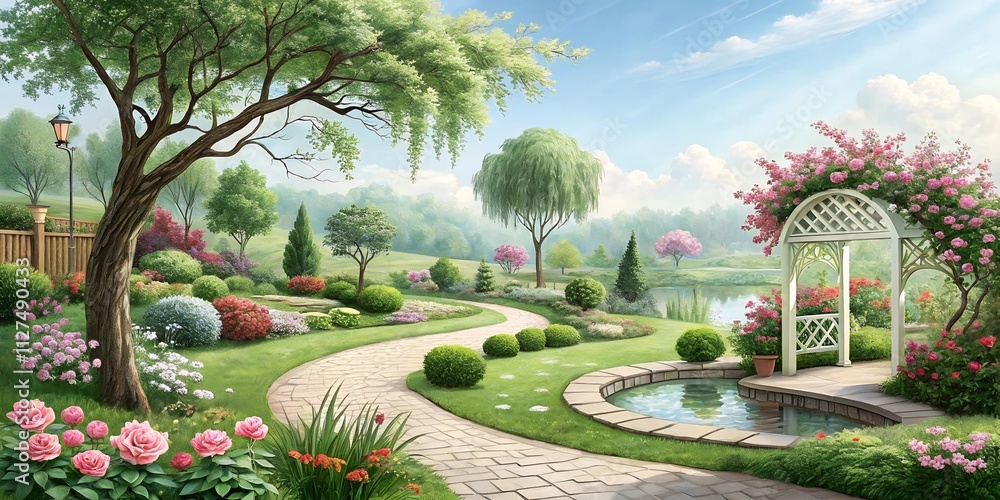 Fototapeta premium Wallpaper with 3d garden view.