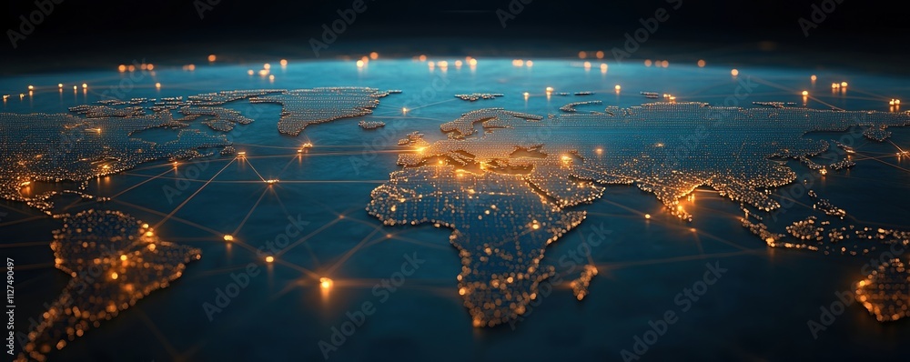 Fototapeta premium Global logistics network showing transportation routes and interconnected regions illuminated at night across the world