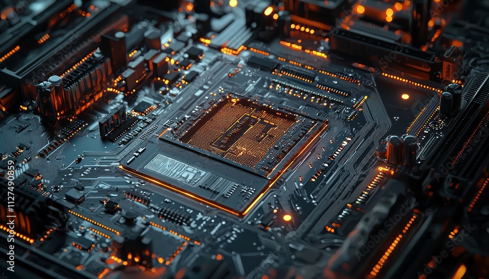 A futuristic central processor unit (CPU) on a motherboard, with digital data transfers visualized, symbolizing the power of quantum computing. A futuristic central processor unit (CPU) on a motherboard, with digital data transfers visualized, symbolizing the power of quantum computing.