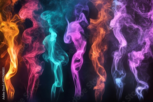 Colorful tubes and smoke on black background, chemistry tubes, liquids, abstract smoky background