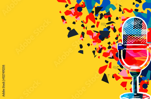 Retro microphone on red and yellow background. Podcasting and creativity in music concept